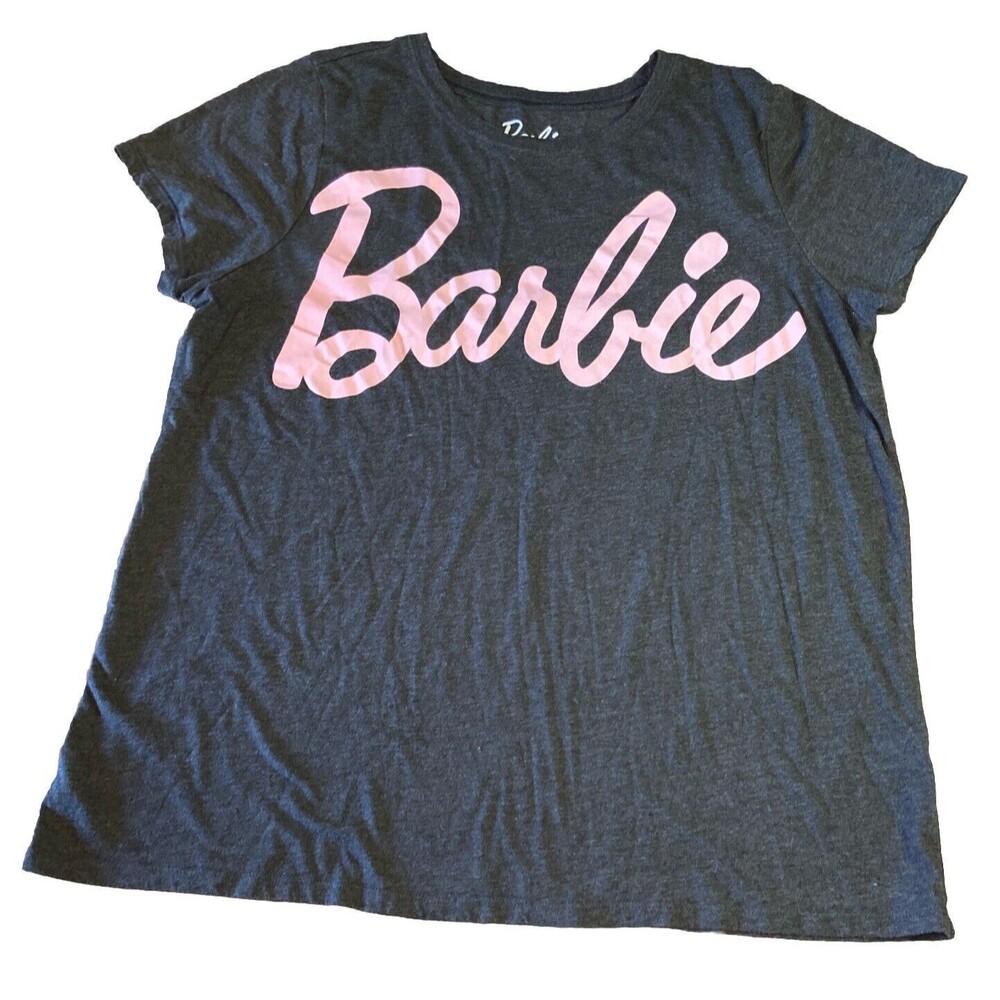 Mattel Barbie Pink Graphics Juniors Ladies XL Gray Tee T-Shirt Top Cotton Blend
